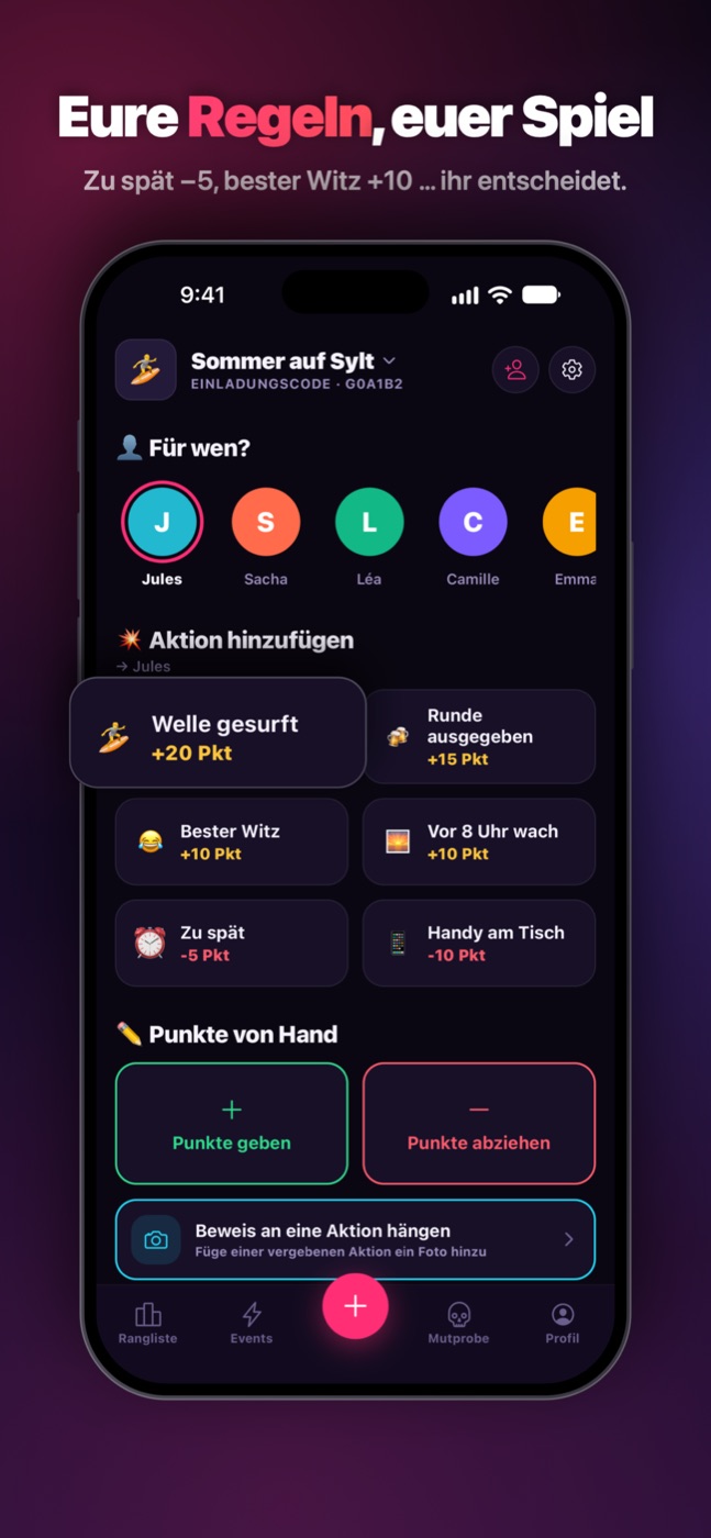 Die Wertung: eure Regeln, zu spät −5, bester Witz +10.
