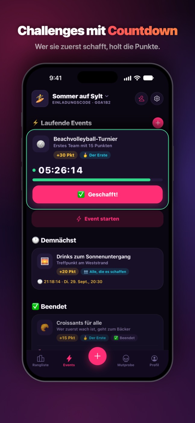 Die Events: Challenges mit Countdown, wer sie zuerst schafft, holt die Punkte.