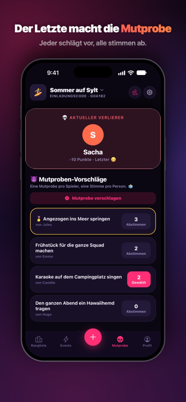 Die Mutprobe: Jeder schlägt vor, alle stimmen ab, der Letzte macht sie.