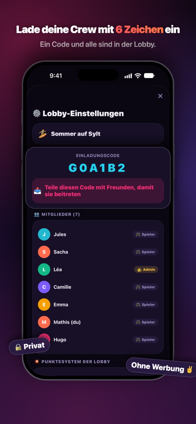 Die Einladung: ein 6-stelliger Code, und alle sind in der Lobby.