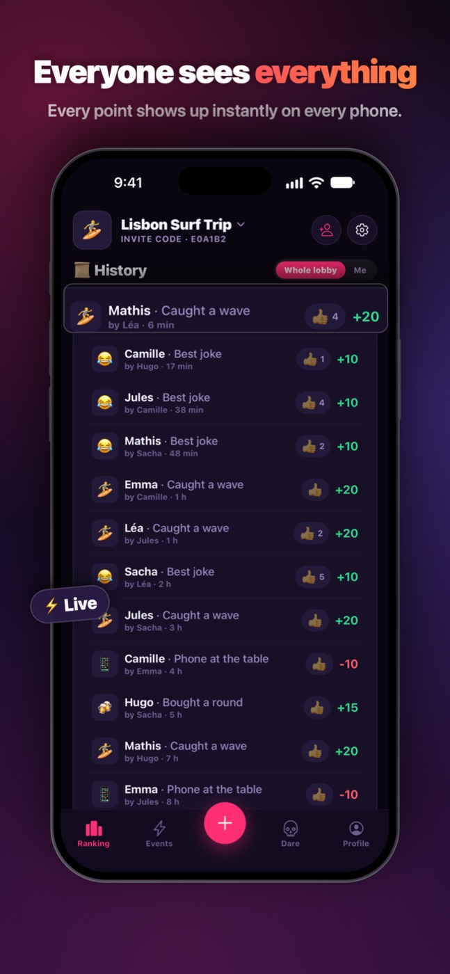 The history: every point shows up instantly on every phone.
