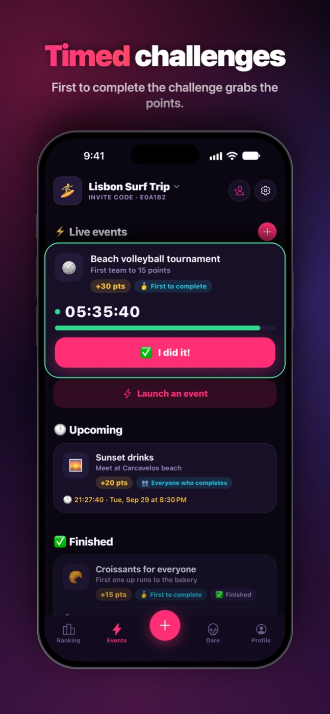 The events: timed challenges, the first to complete them grabs the points.