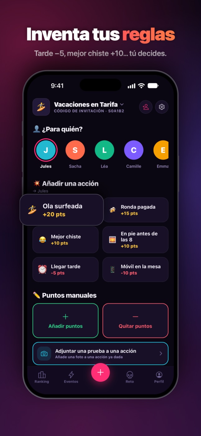 La puntuación: inventa tus reglas, tarde −5, mejor chiste +10.