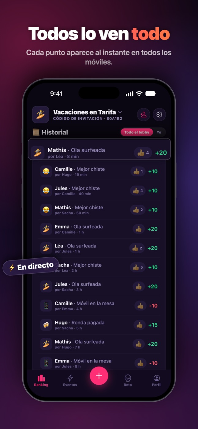 El historial: cada punto aparece al instante en todos los móviles.