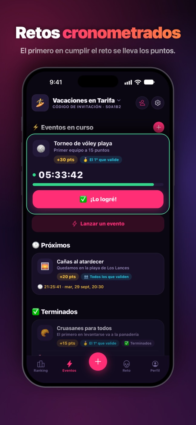 Los eventos: retos cronometrados, el primero en cumplirlos se lleva los puntos.