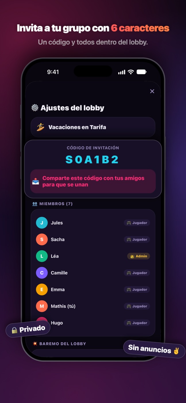 La invitación: un código de 6 caracteres y todos dentro del lobby.