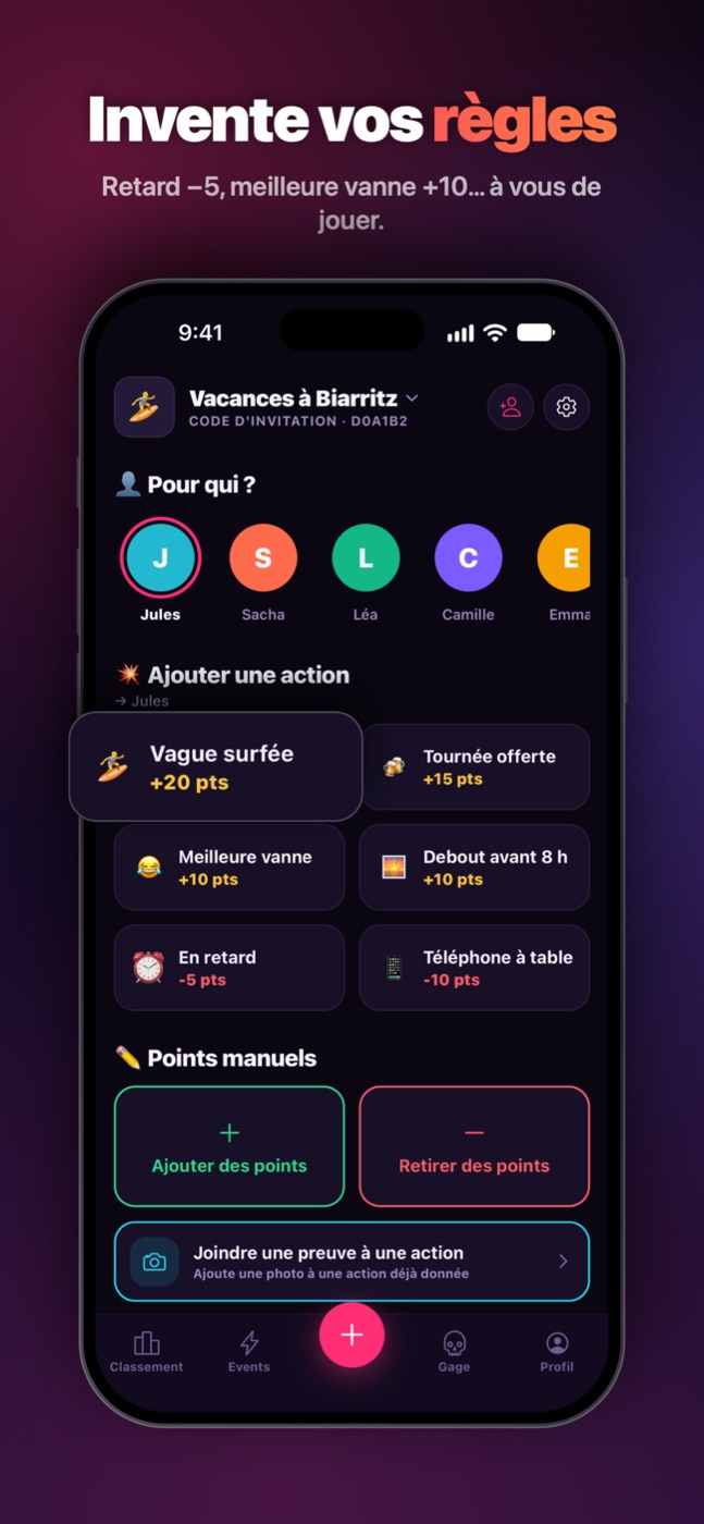 Le barème : invente vos règles, retard −5, meilleure vanne +10.