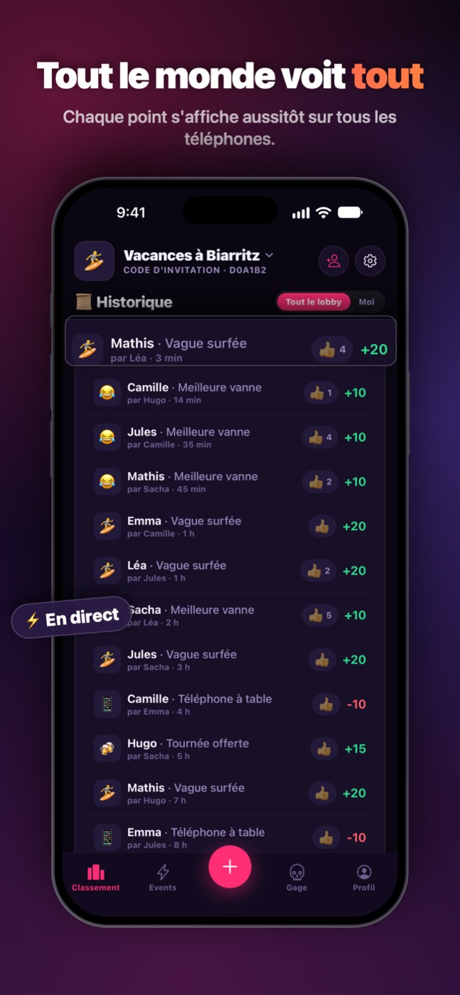 L'historique : chaque point s'affiche aussitôt sur tous les téléphones.