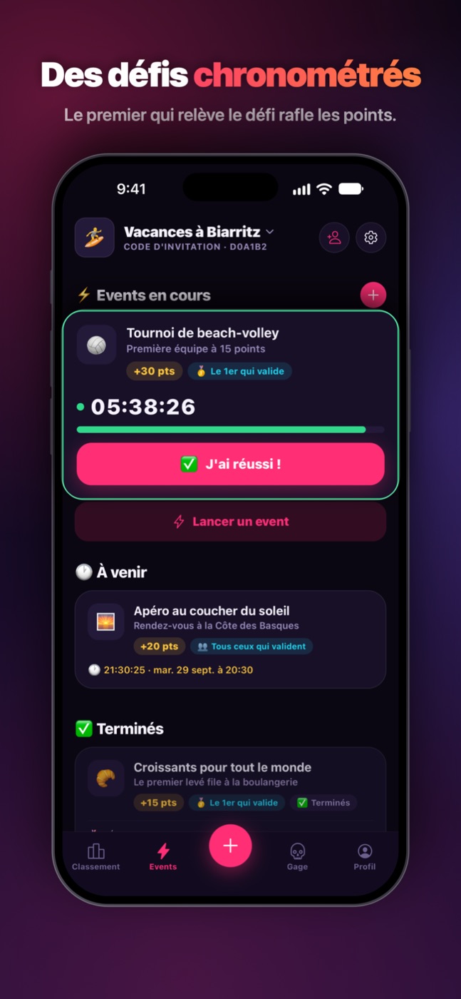 Les events : des défis chronométrés, le premier qui les relève rafle les points.