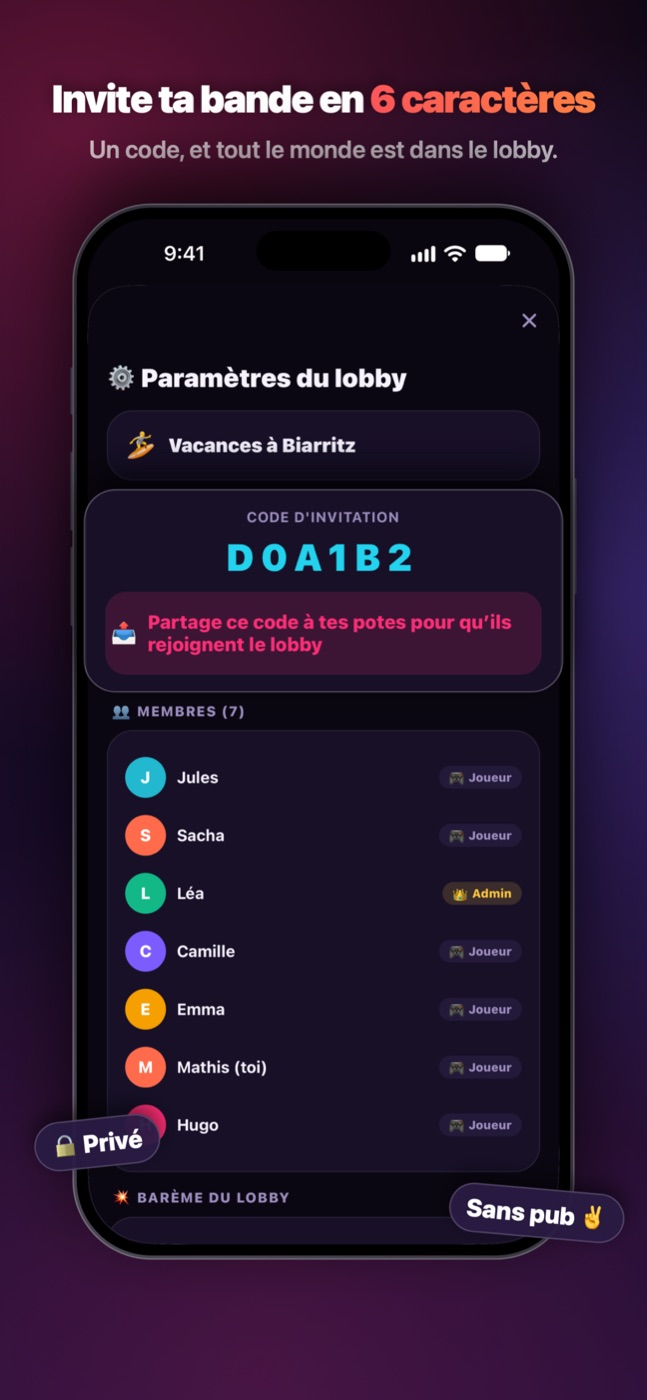 L'invitation : un code à 6 caractères, et tout le monde est dans le lobby.