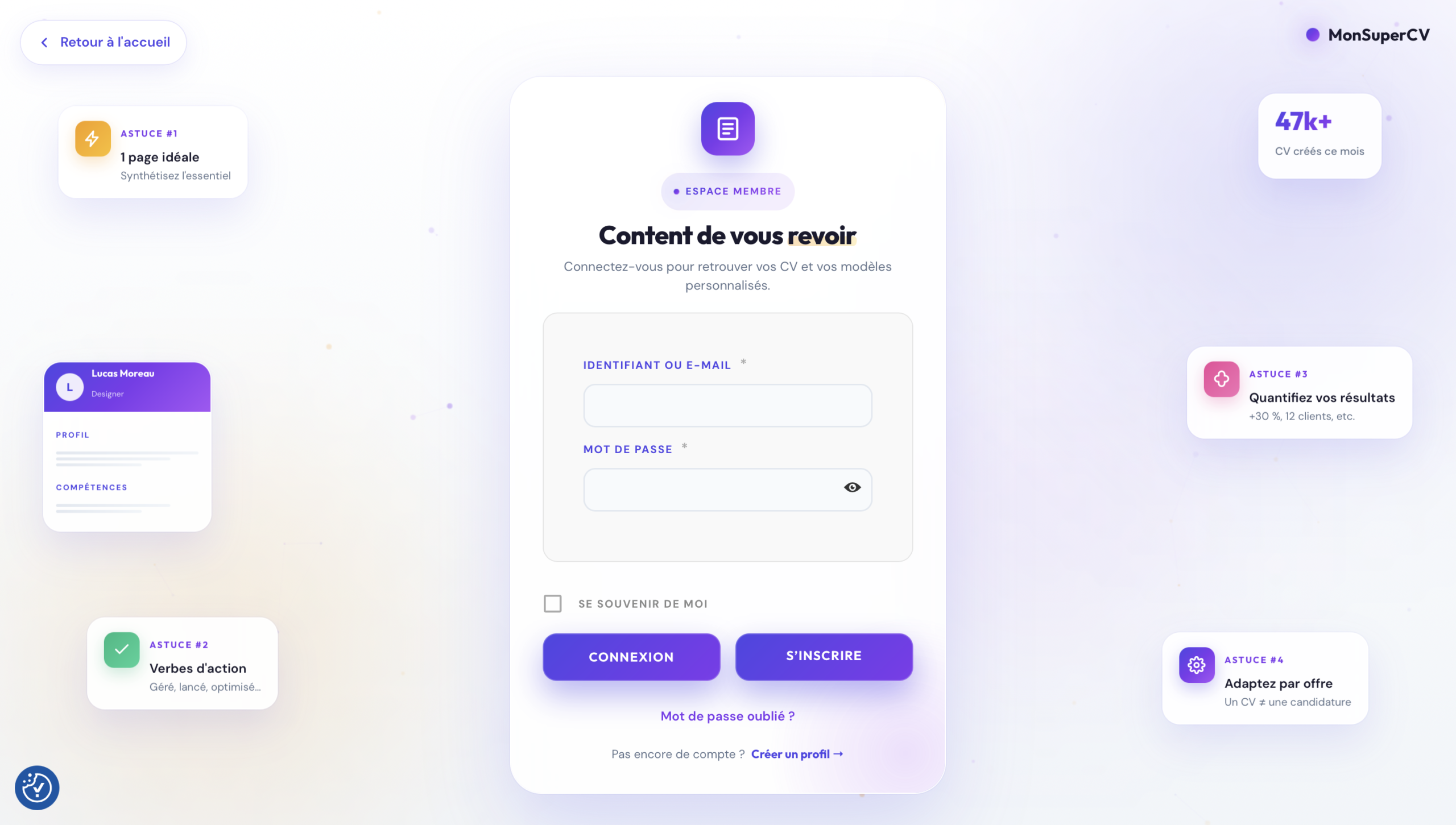 L'espace membre MonSuperCV — connexion et CV sauvegardés