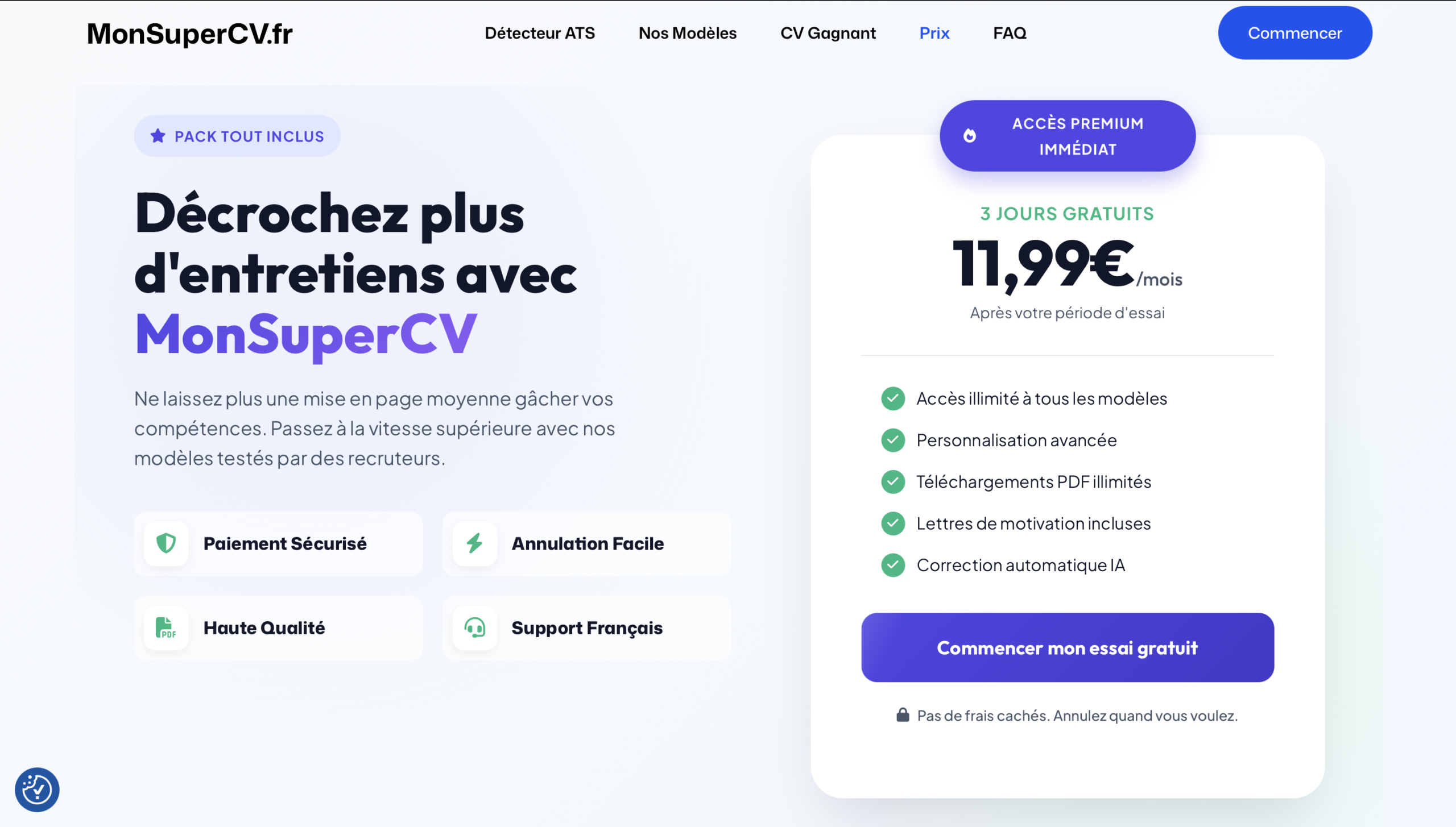 La page tarif de MonSuperCV — 3 jours gratuits puis 11,99 € par mois
